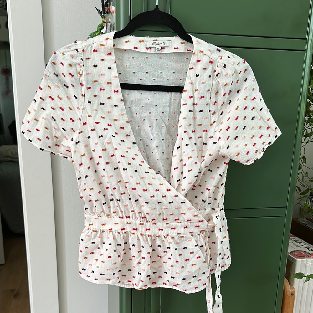 Madewell White Wrap Blouse with Peplum and Tie Front